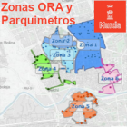 Mapa de Zonas de la ORA y Parquímetros. Zona 1-2-3, Zona 4, Zona 5, Zona 6. tiempo max por zona 2h 30 min